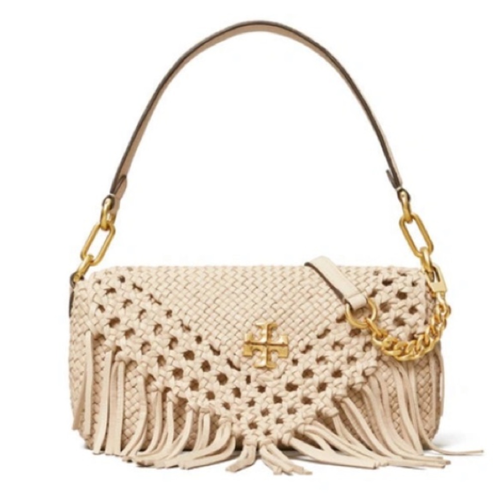 TORY BURCH SMALL KIRA FRINGE FLAP WOVEN LEATHER SHOULDER BAG IN CREAM